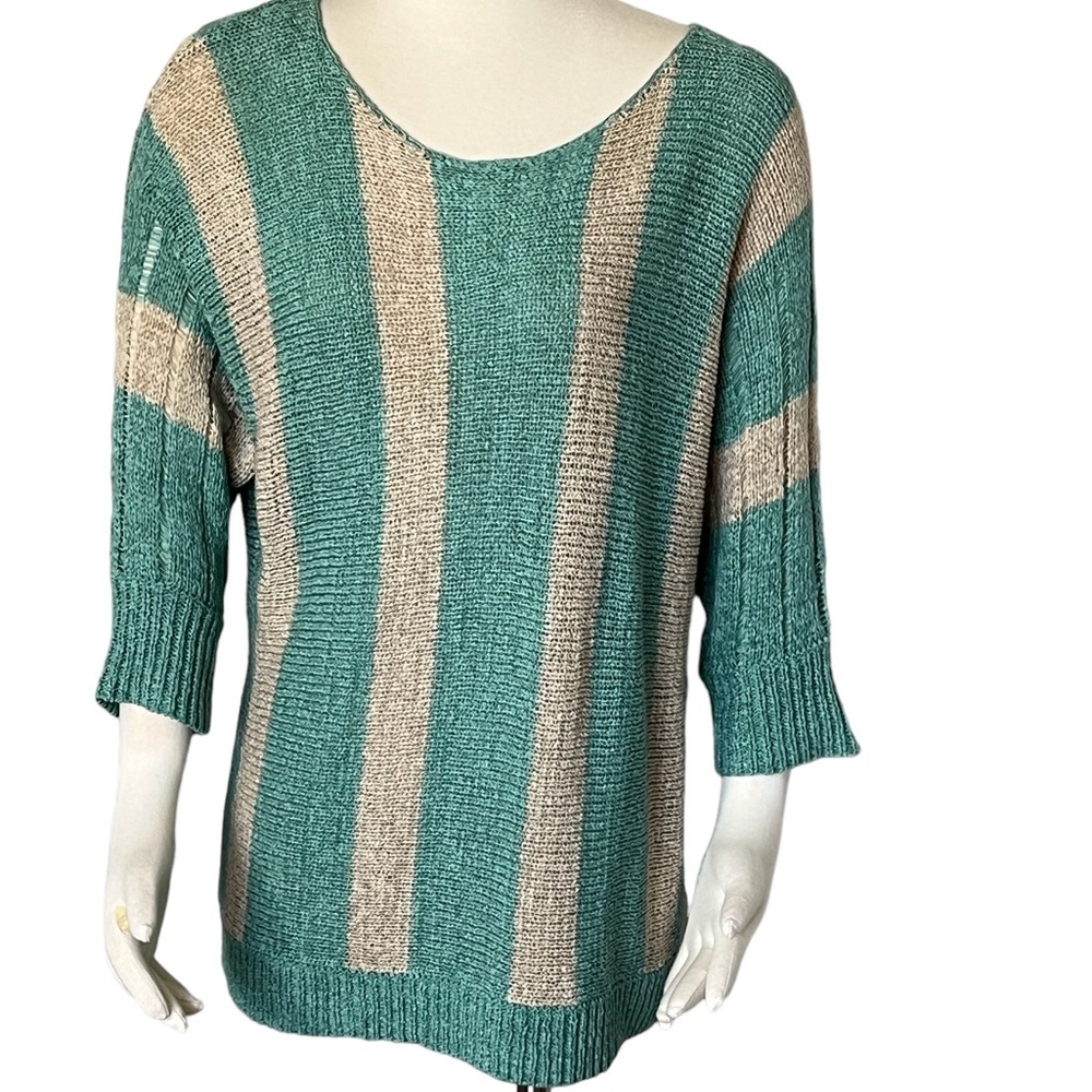Tribal Scooped Neck Sweater Size L Teal and Beige Striped.